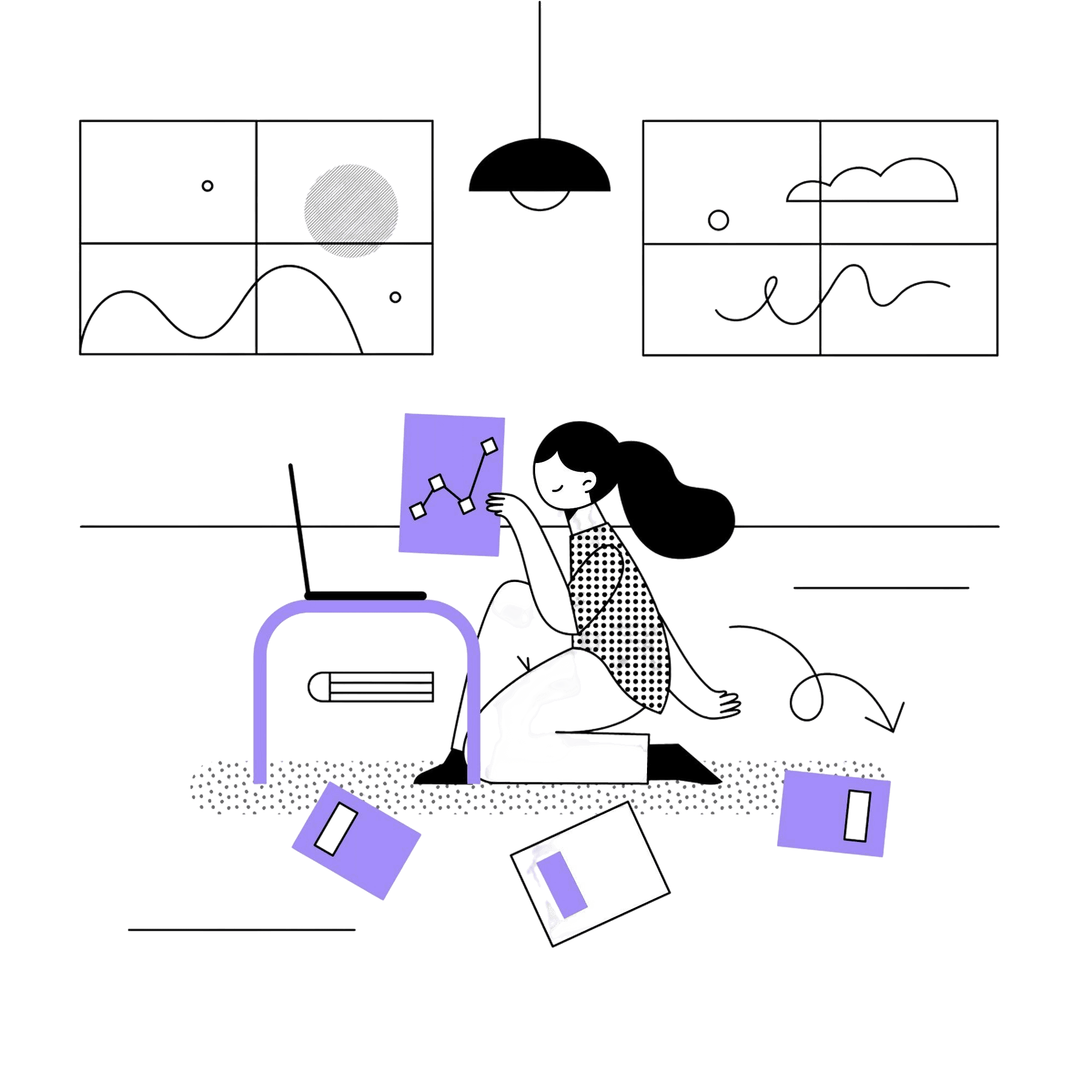 Illustration of a learner reviewing their progress chart beside a laptop and a pile of books